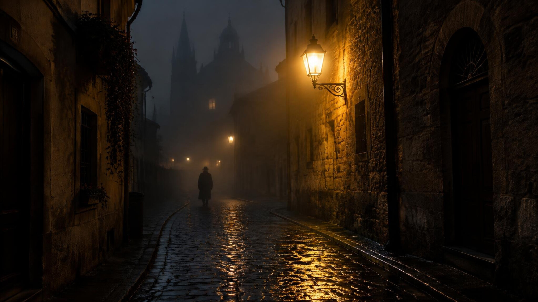 Foggy cobblestone alley at night lit by a single streetlamp