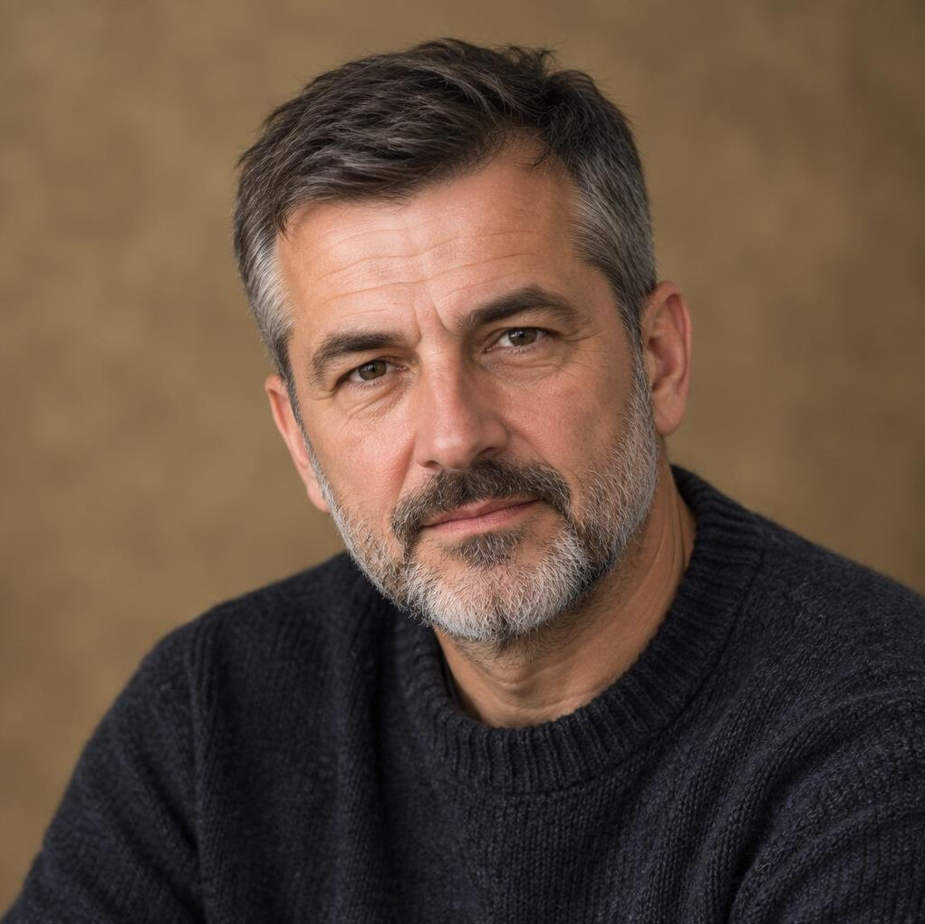 Studio portrait of a middle-aged Croatian man with a beard wearing a dark sweater
