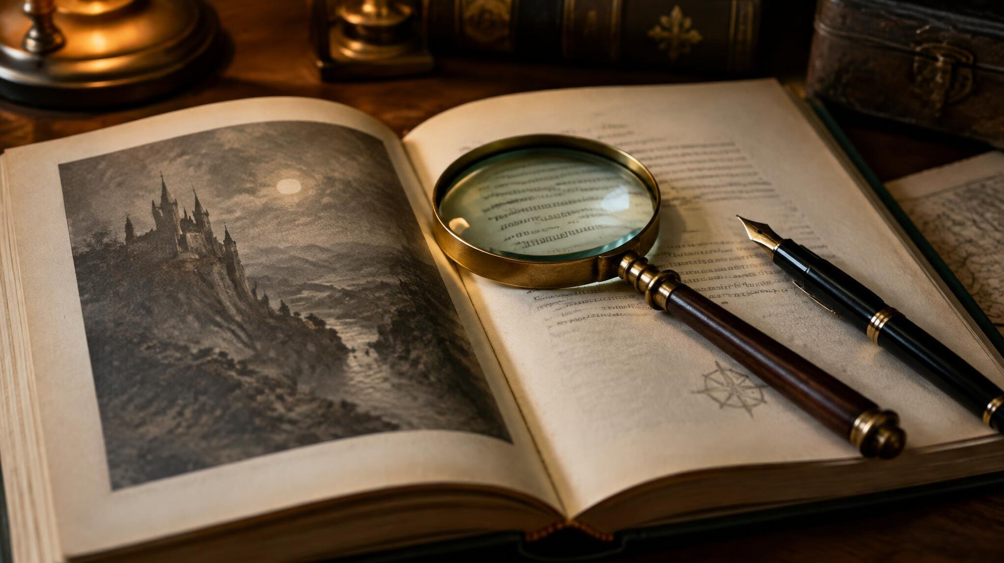 Open book with a magnifying glass and fountain pen resting on the pages