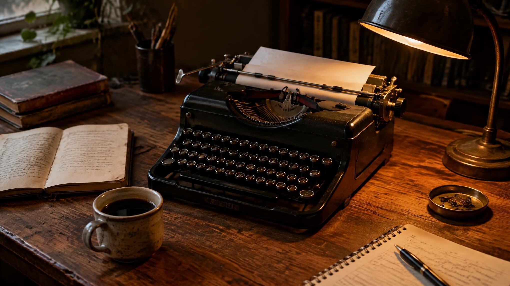 Vintage typewriter on a wooden desk with notebooks and a cup of coffee